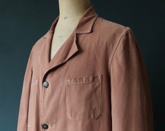 Vintage 1940s 40s 1950s 50s French brown long work coat jacket workwear chore maquignon D pocket repaired shopkeeper market 46” chest