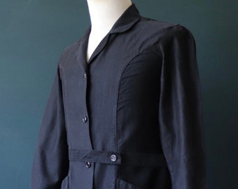 Vintage 1940s 40s French black cotton work dress workwear chore 38” chest 37” waist pleated shirtwaister button up