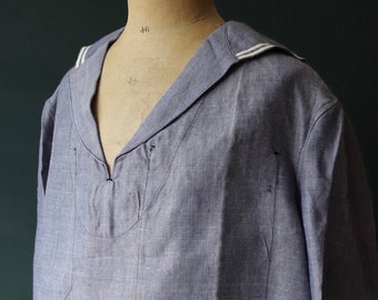 Vintage 1960s 60s French Marine Nationale Navy naval crackerjack bib top shirt jumper linen indigo 51” chest military workwear work sailor