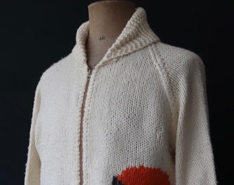 Vintage 1980s 80s Mary Maxim motorcycle motorbike chopper Beth hand knitted cowichan cardigan jumper novelty knit shawl collar 44” chest