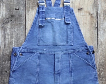 Vintage 1950s 50s French Le Mont St Michel moleskin overalls dungarees work chore workwear patched repaired darned 36” 38” x 27”