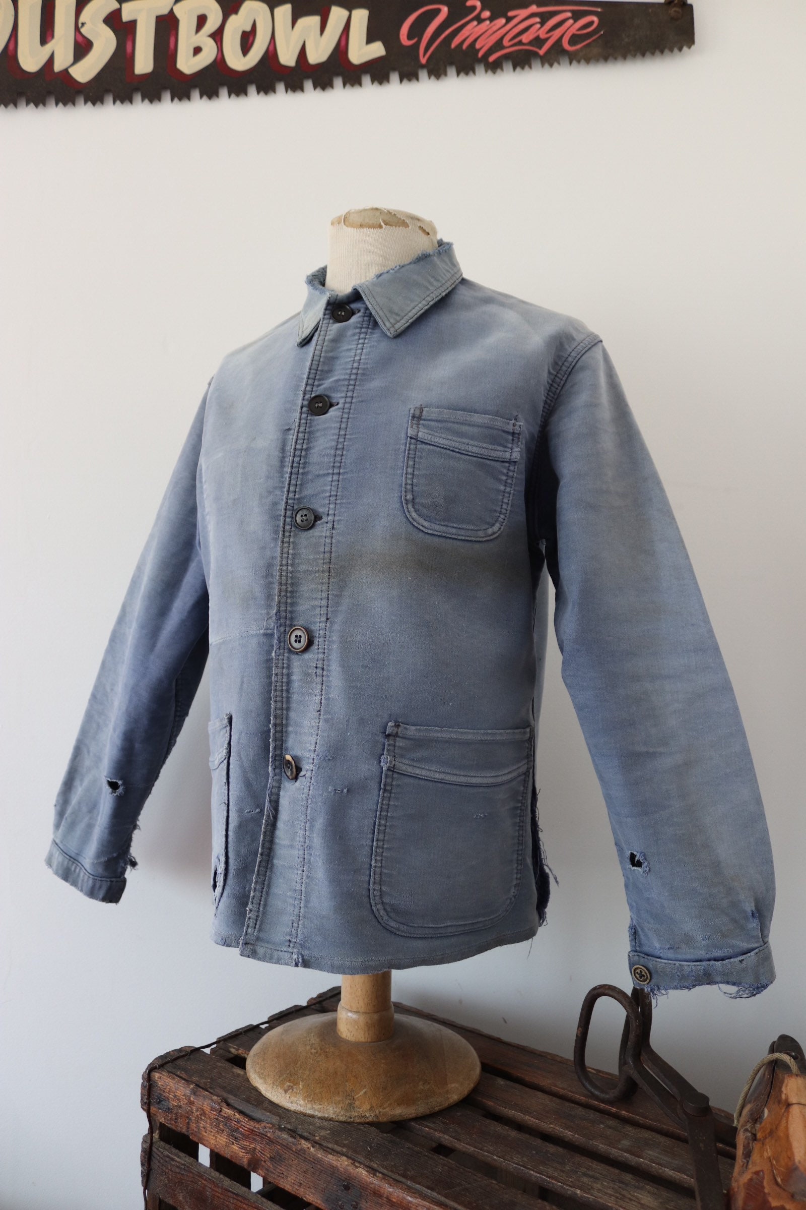 Vintage 1950s 50s bleu de travail french indigo blue moleskin work ...