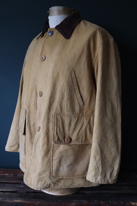 Vintage 1960s 60s Falcon Brand tan brown duck cotton canvas jacket hunting shooting Canadian wool lined 51” chest workwear chore work XL