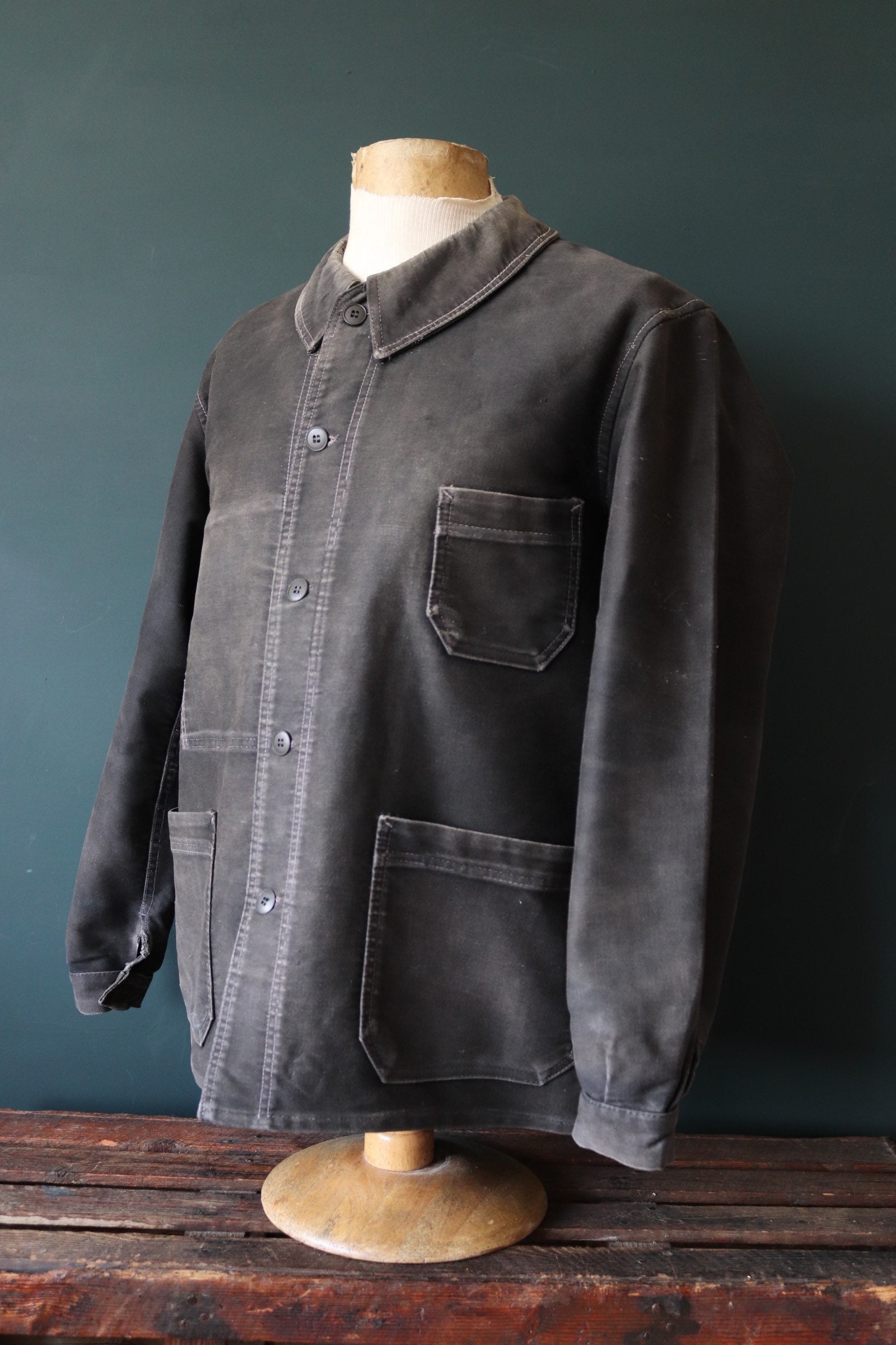 Vintage 1950s 50s French Black Moleskin Work Jacket Chore Workwear