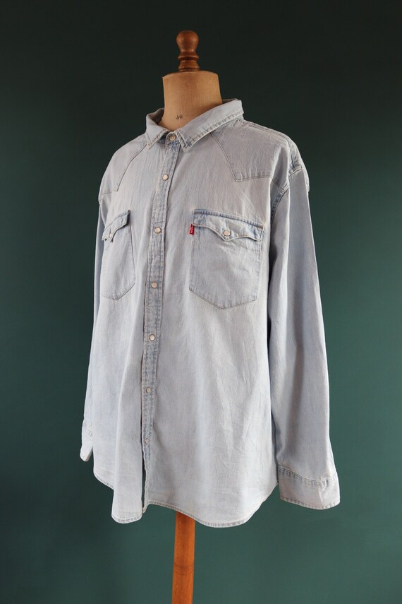 Vintage Levis Levi Strauss pale blue chambray denim shirt cowboy western 60" chest red tab