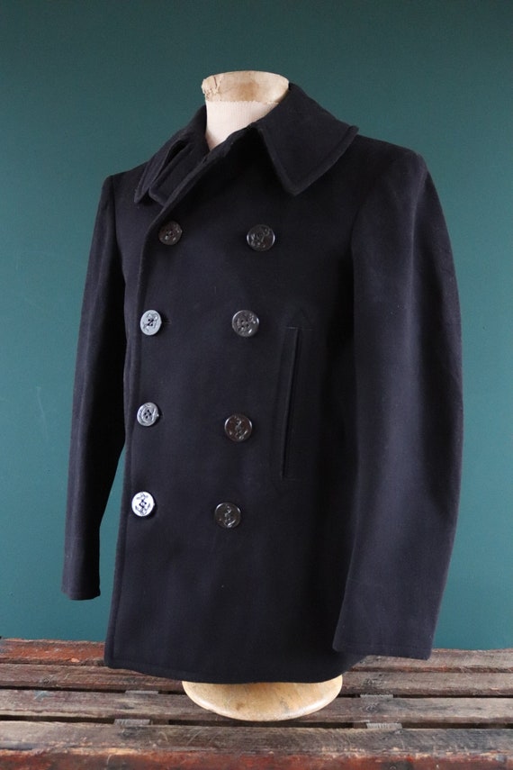 Vintage 1940s 40s WW2 midnight blue USN US navy naval wool pea deck coat jacket 39" chest military double breasted reefer