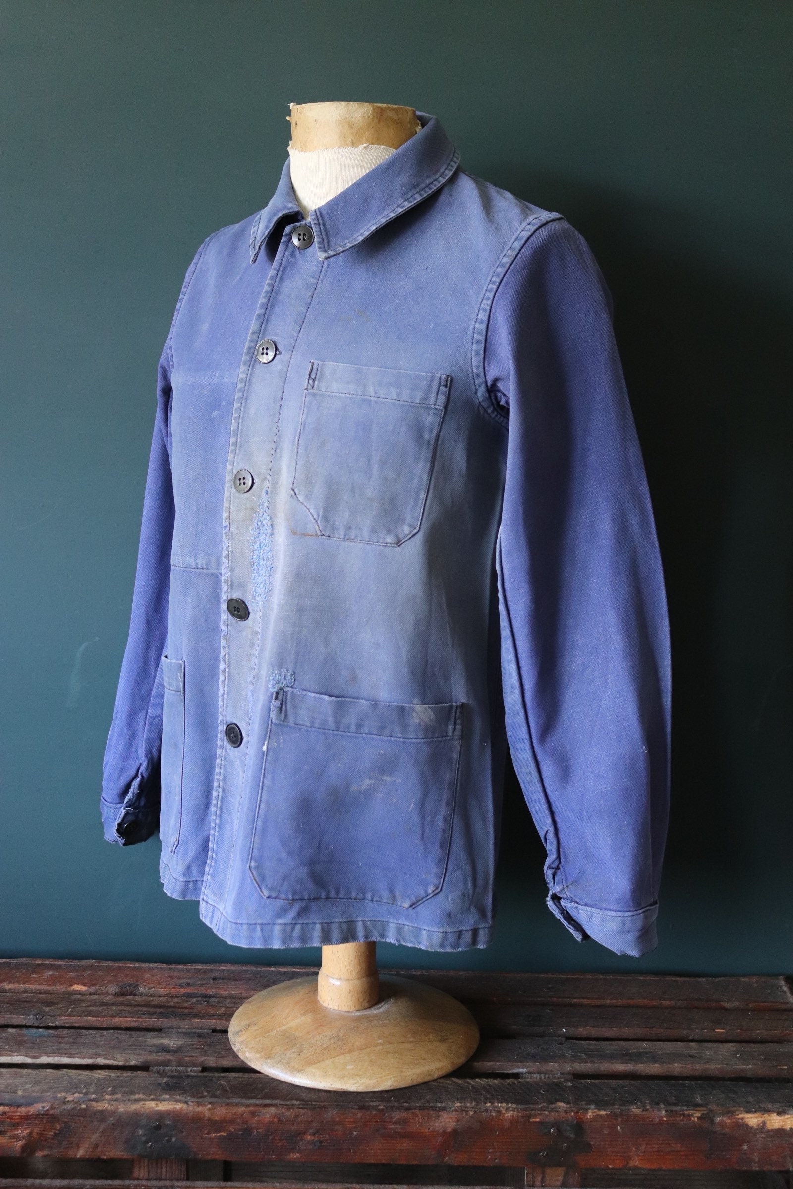 Vintage 1960s 60s French blue work jacket workwear chore faded 39 ...