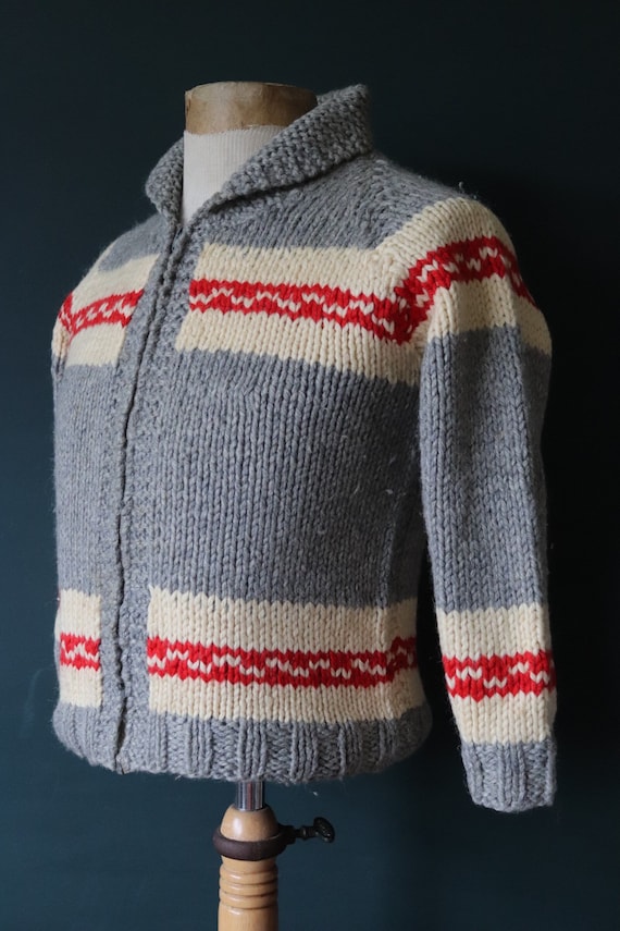 Vintage 1960s 60s hand knitted kids childrens wool cowichan sweater cardigan jumper knit cream grey shawl collar 34” chest