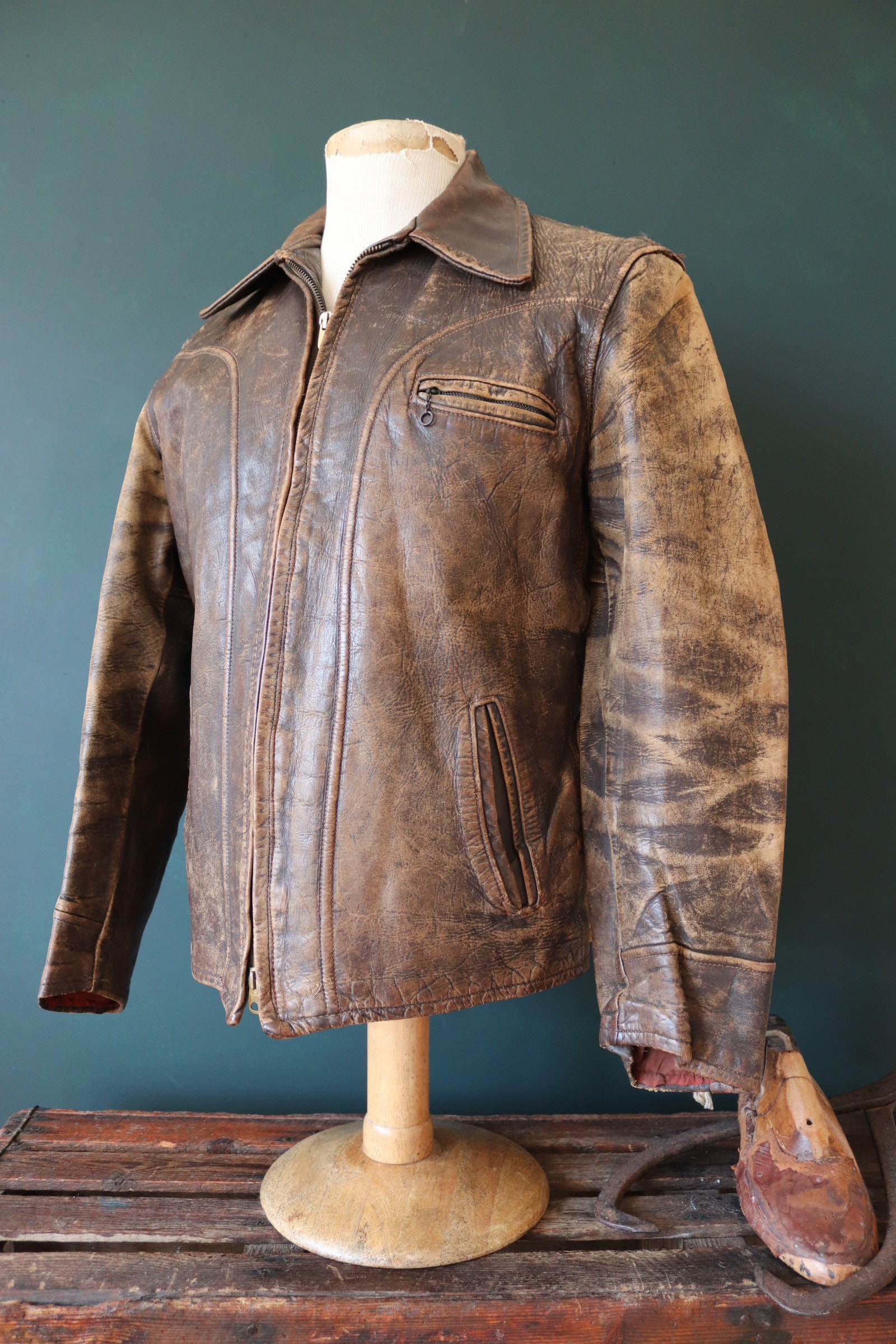 Vintage 1950s 50s german short brown horsehide leather jacket half