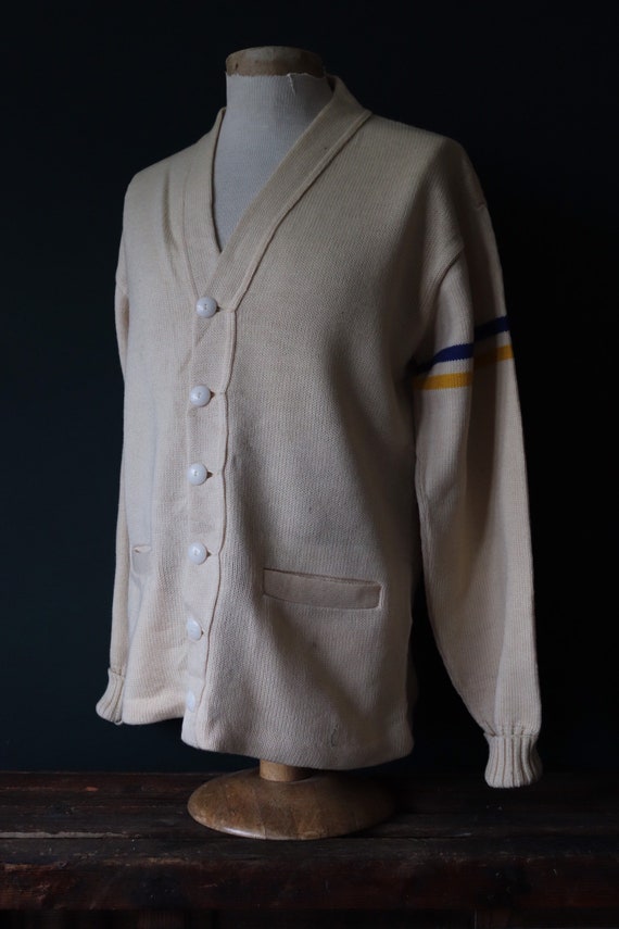 Vintage 1960s 60s American USA cream wool knitted varsity Ivy League style rockabilly mod chenille patch jumper sweater cardigan knitwear