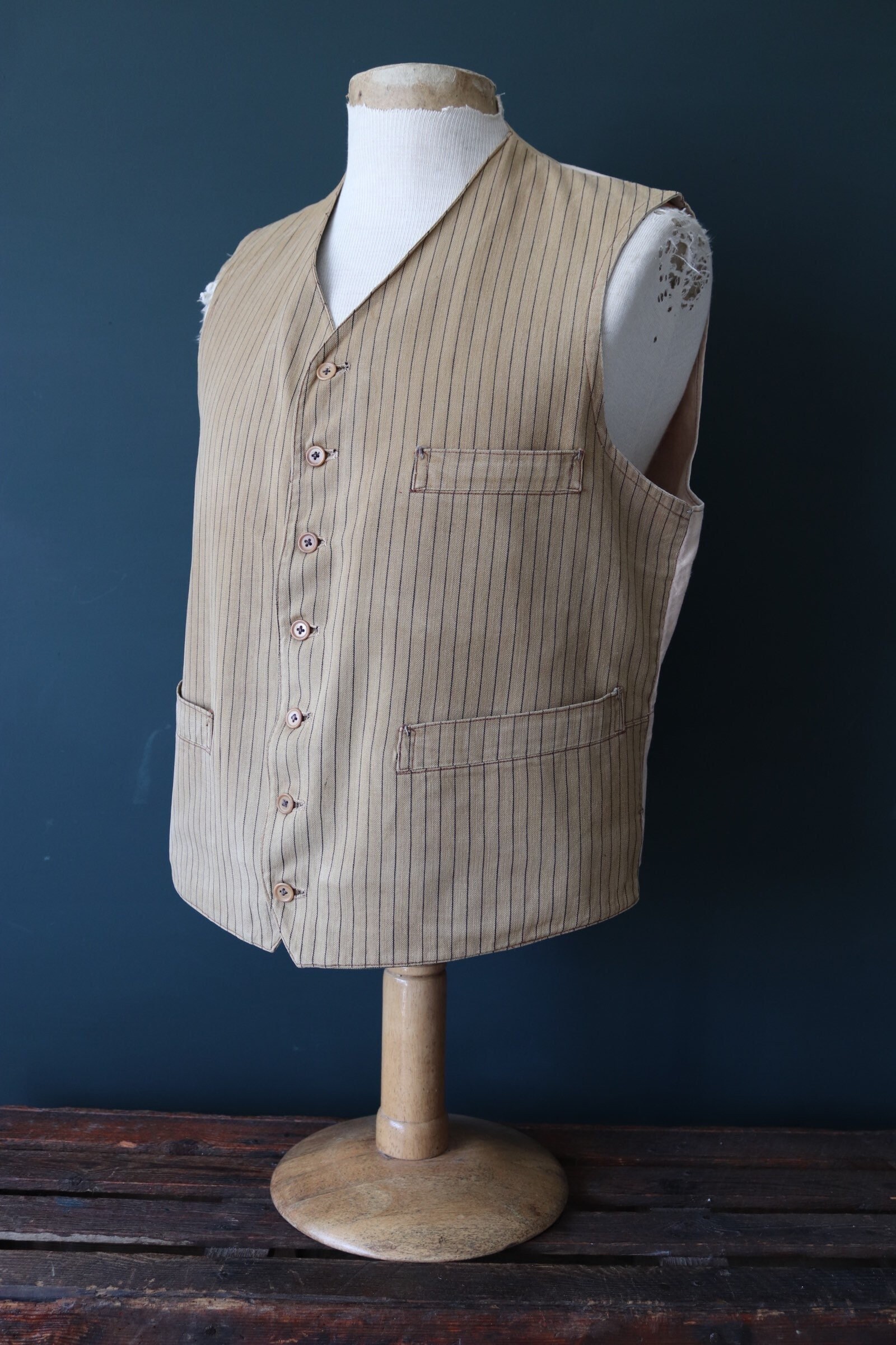 Vintage antique 1920s 20s French HBT cotton vest waistcoat striped 