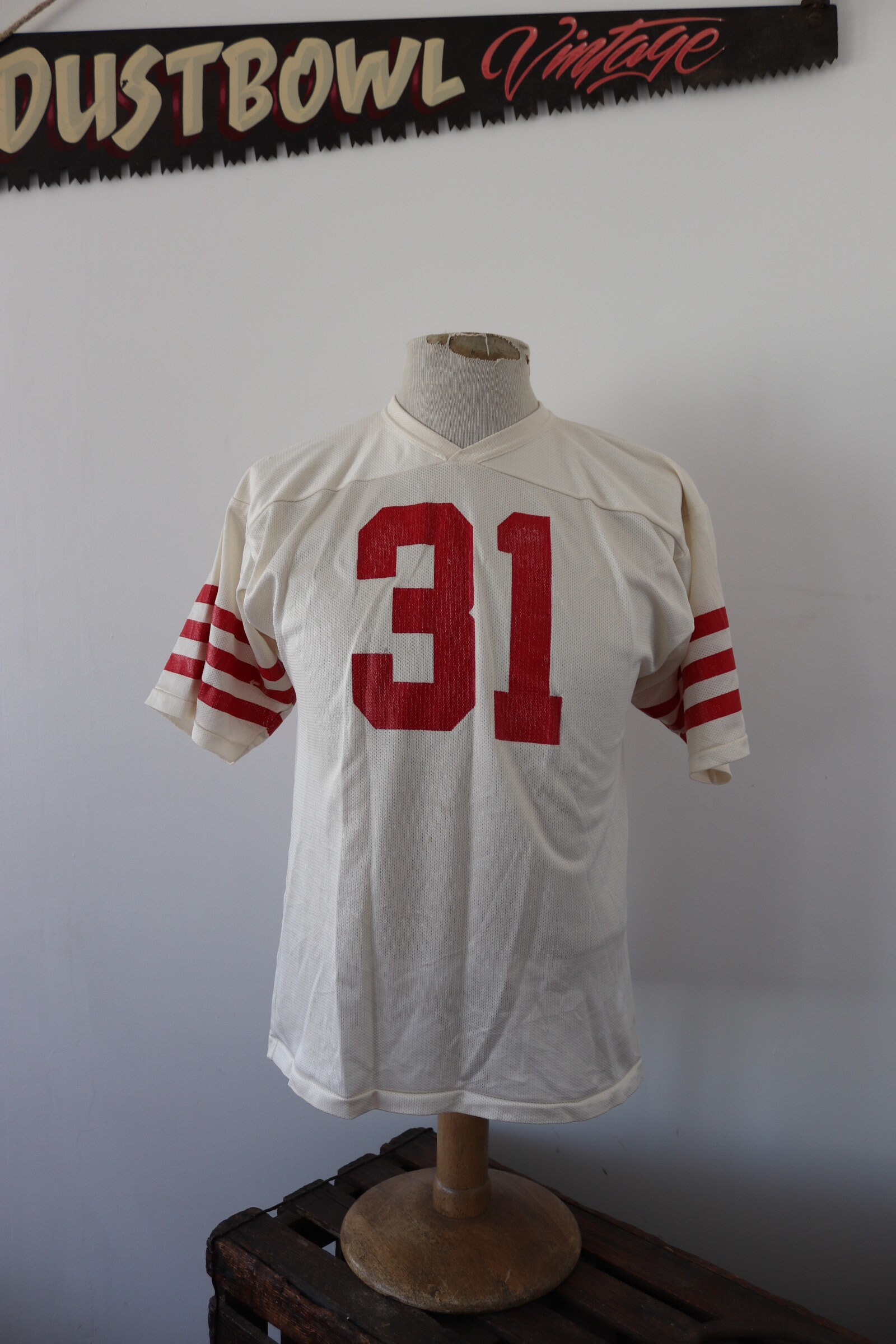 Vintage 1980s 80s nylon mesh american football top t shirt red white 31 sportswear jock 38 chest