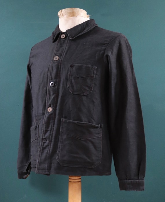 Vintage 1930s 30s French black moleskin work jacket chore workwear darned repaired 38” chest