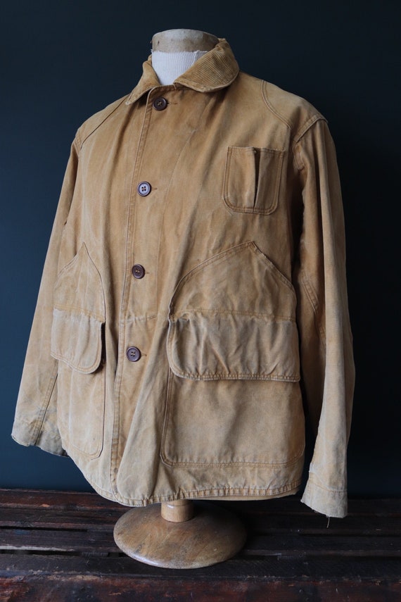 Vintage 1930s 30S 1940s 40S Drybak Brown Tin Cloth Duck Cotton Canvas Hunting Shooting Jacket 48\