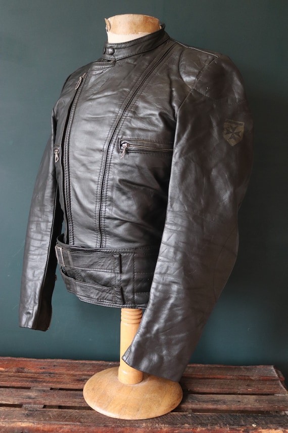 Vintage 1980s 80s European black leather cafe racer jacket 39” chest motorcycle biker Strokes
