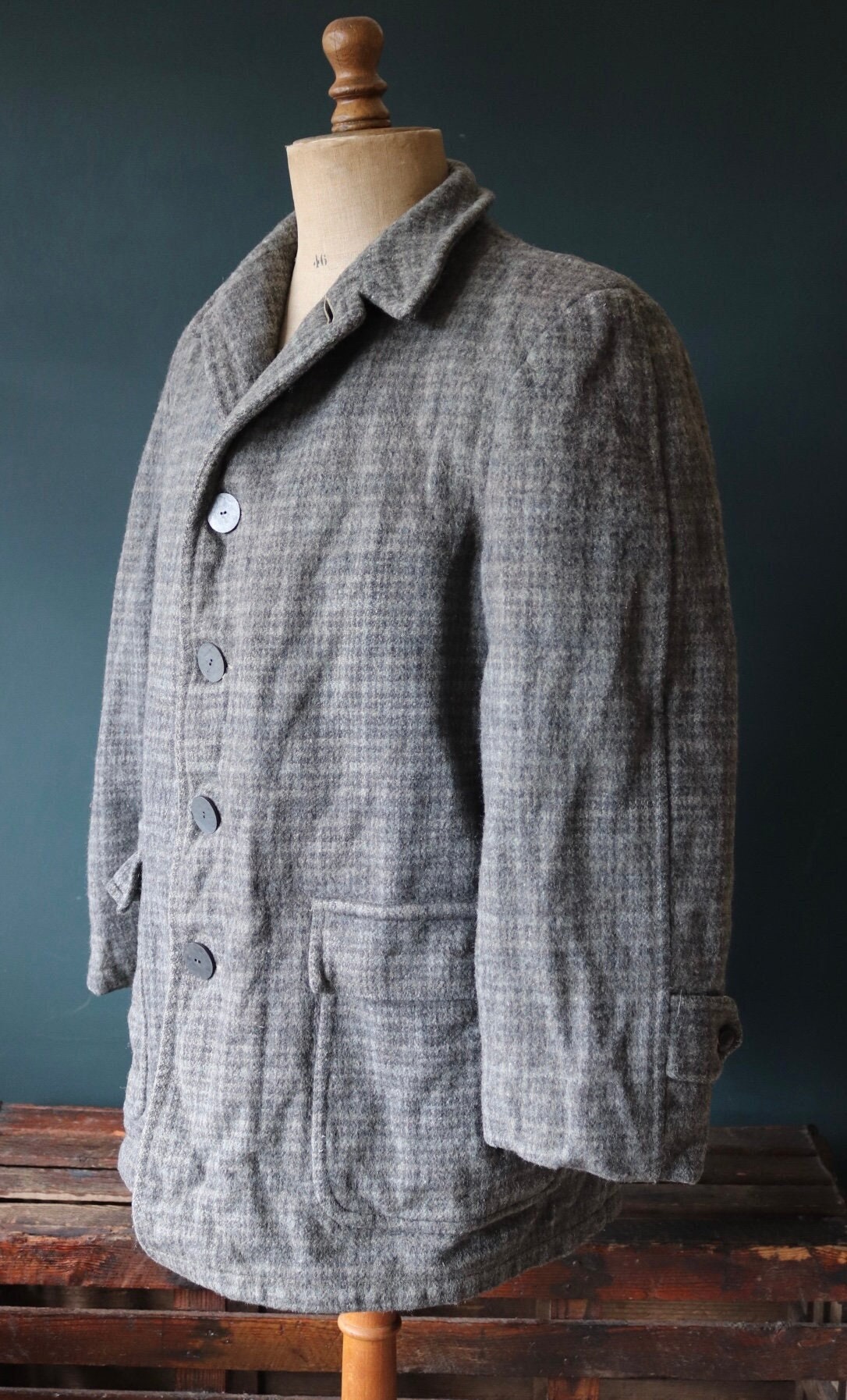 Vintage 1970s 70s Penneys grey wool checked plaid car coat 46 chest