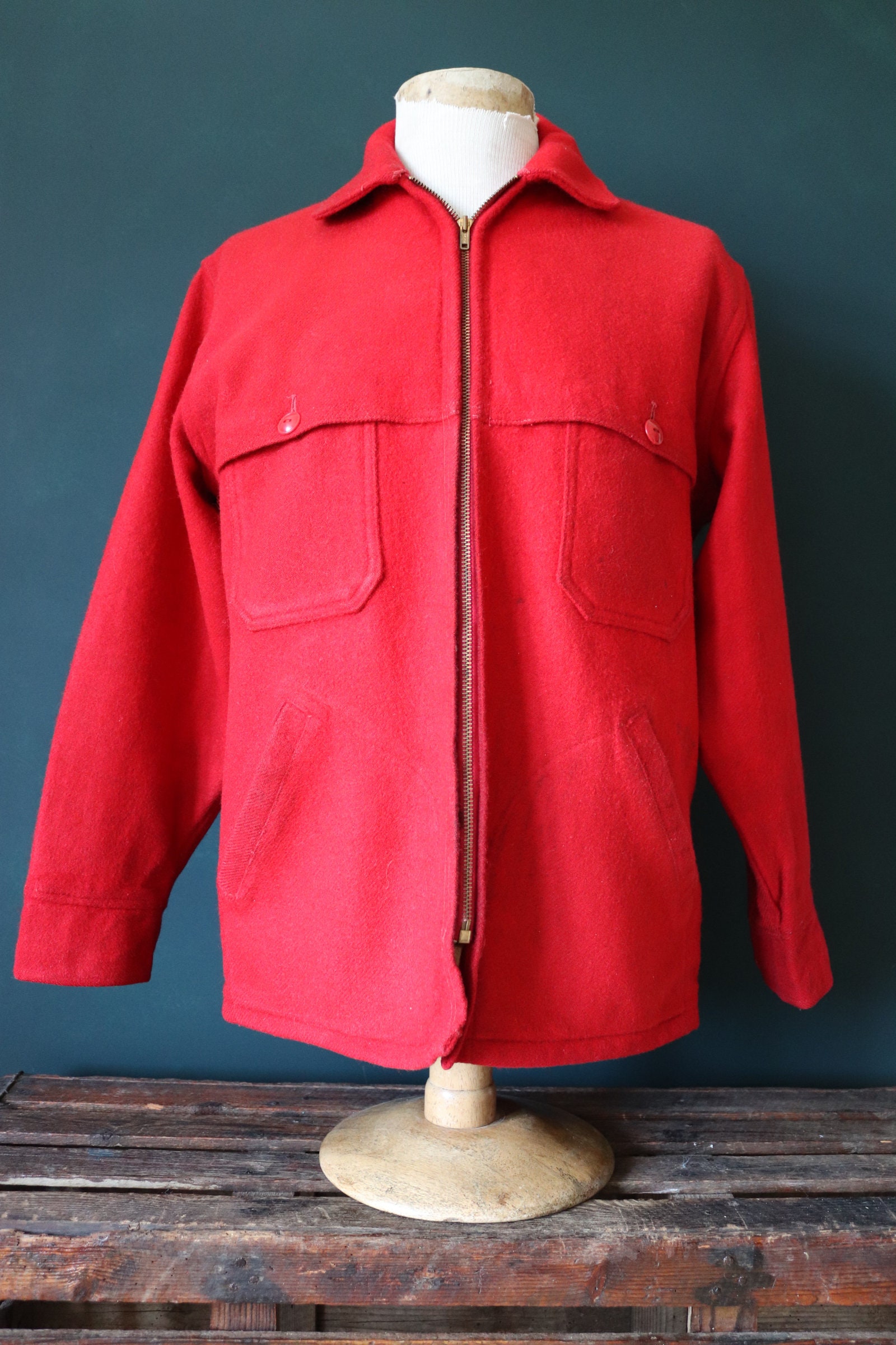 Vintage 1970s 70s plain red wool Woolrich hunting jacket Talon zipper D