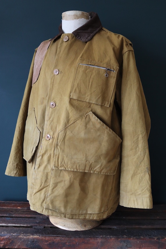 Vintage 1960s 60s Bullseye Bill tan brown duck cotton canvas jacket hunting shooting American Talon zipper 51” chest workwear chore work XL