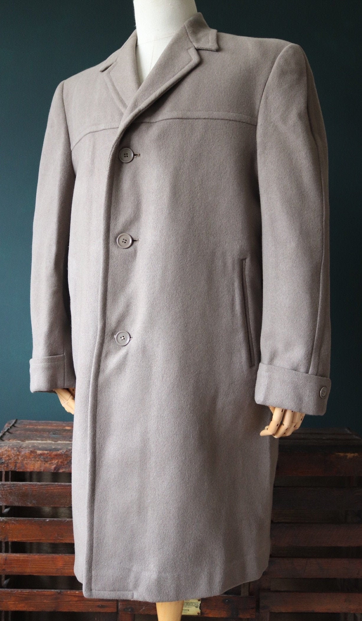 Image of Vintage 1960S 60S Taupe Grey Brown Weaver Wearer Long Wool Overcoat Trench Great Coat Mod Ivy League Style 46" Chest