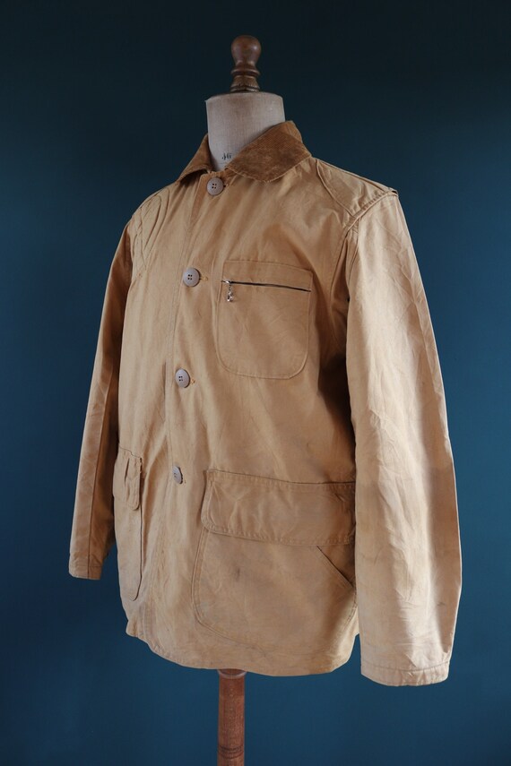 Vintage 1950s 50s JC Higgins tan brown duck cotton canvas jacket hunting shooting American Talon zipper 49” chest workwear chore work