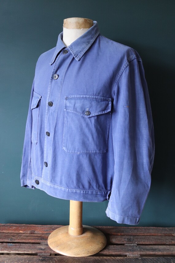 Vintage 1950s 50s French blue work cyclist cropped jacket workwear chore faded 47” chest bleu de travail cotton twill