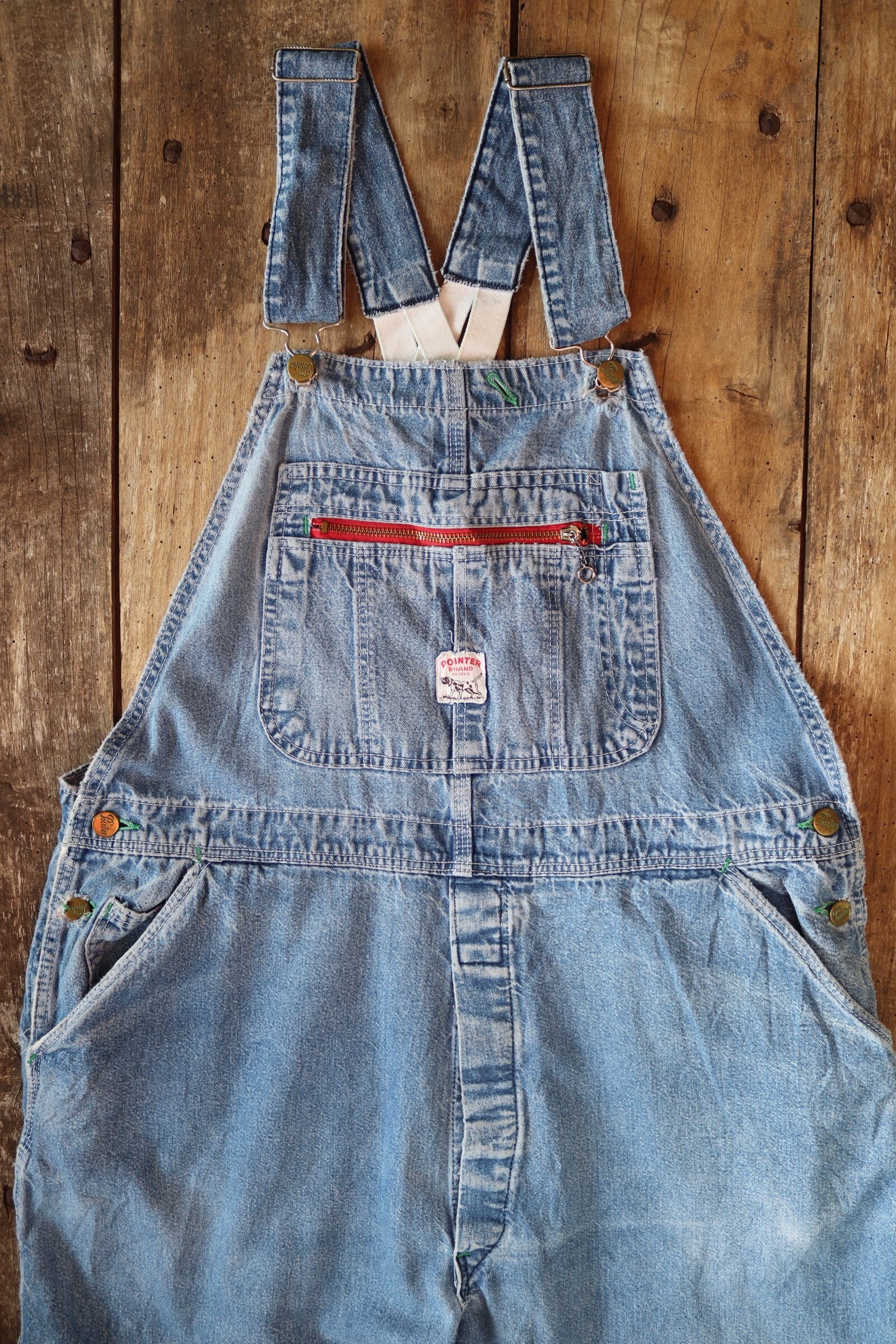 Vintage 1980s 80s Pointer denim overalls dungarees bib brace workwear low  back work chore 41” x 29” advertising straps