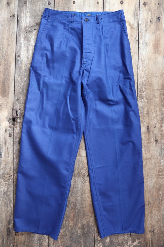 Vintage 1940s 40s WW2 era Swedish military hospital indigo blue cotton twill workwear work chore trousers pants 31” x 32” buckle cinch back