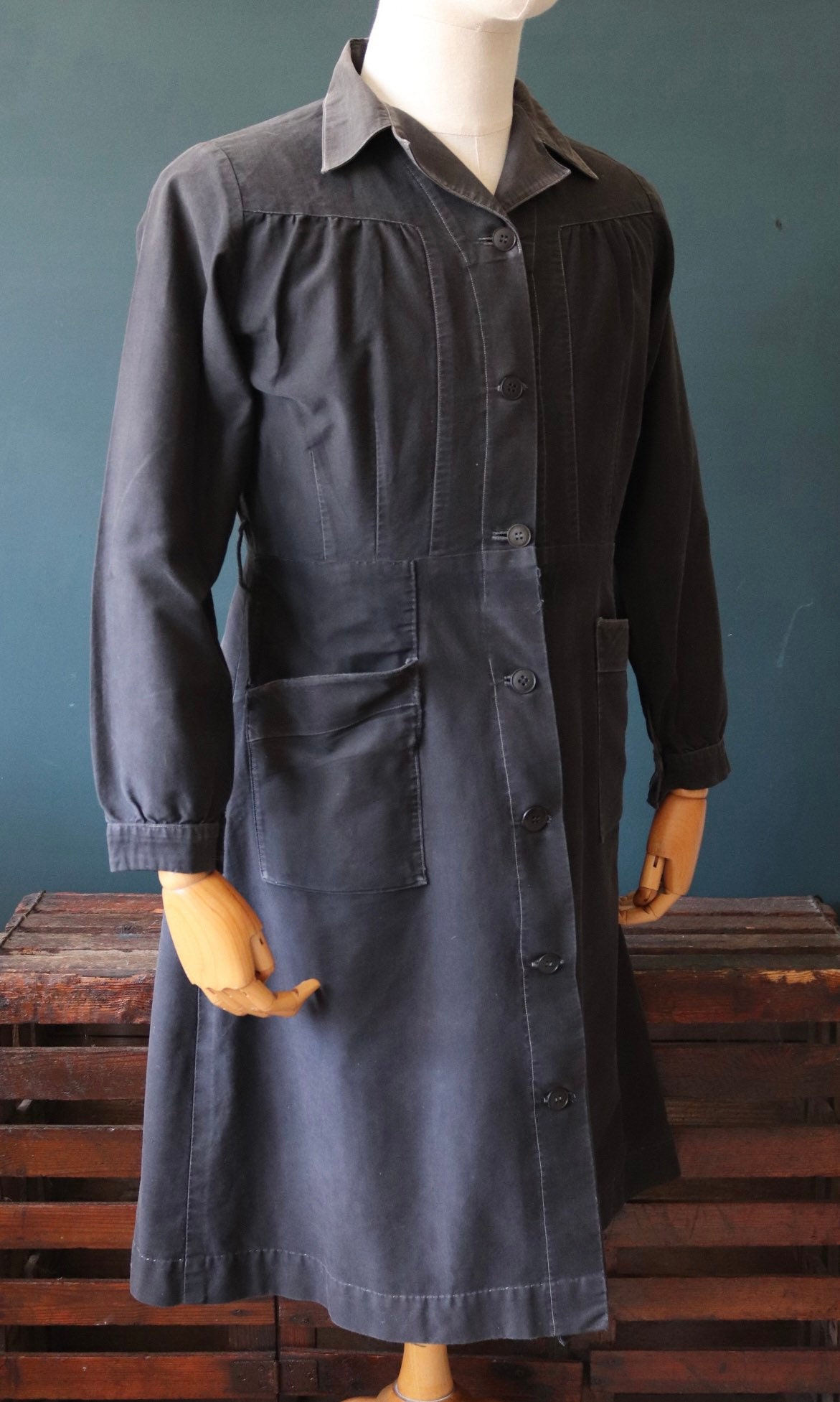 Vintage 1940s 40s French black moleskin cotton work dress workwear