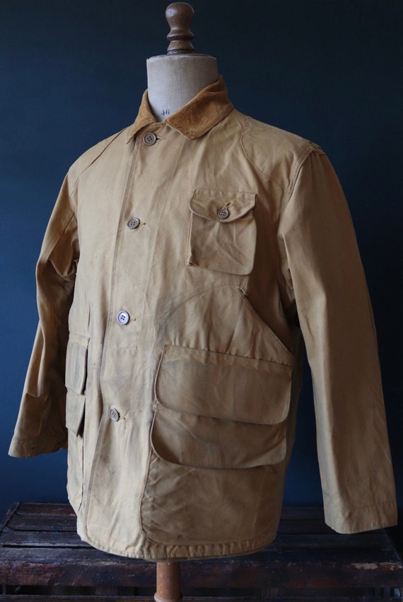 Vintage 1940s 40s tin cloth duck cotton canvas hunting shooting jacket 47” chest Red Head American workwear work chore