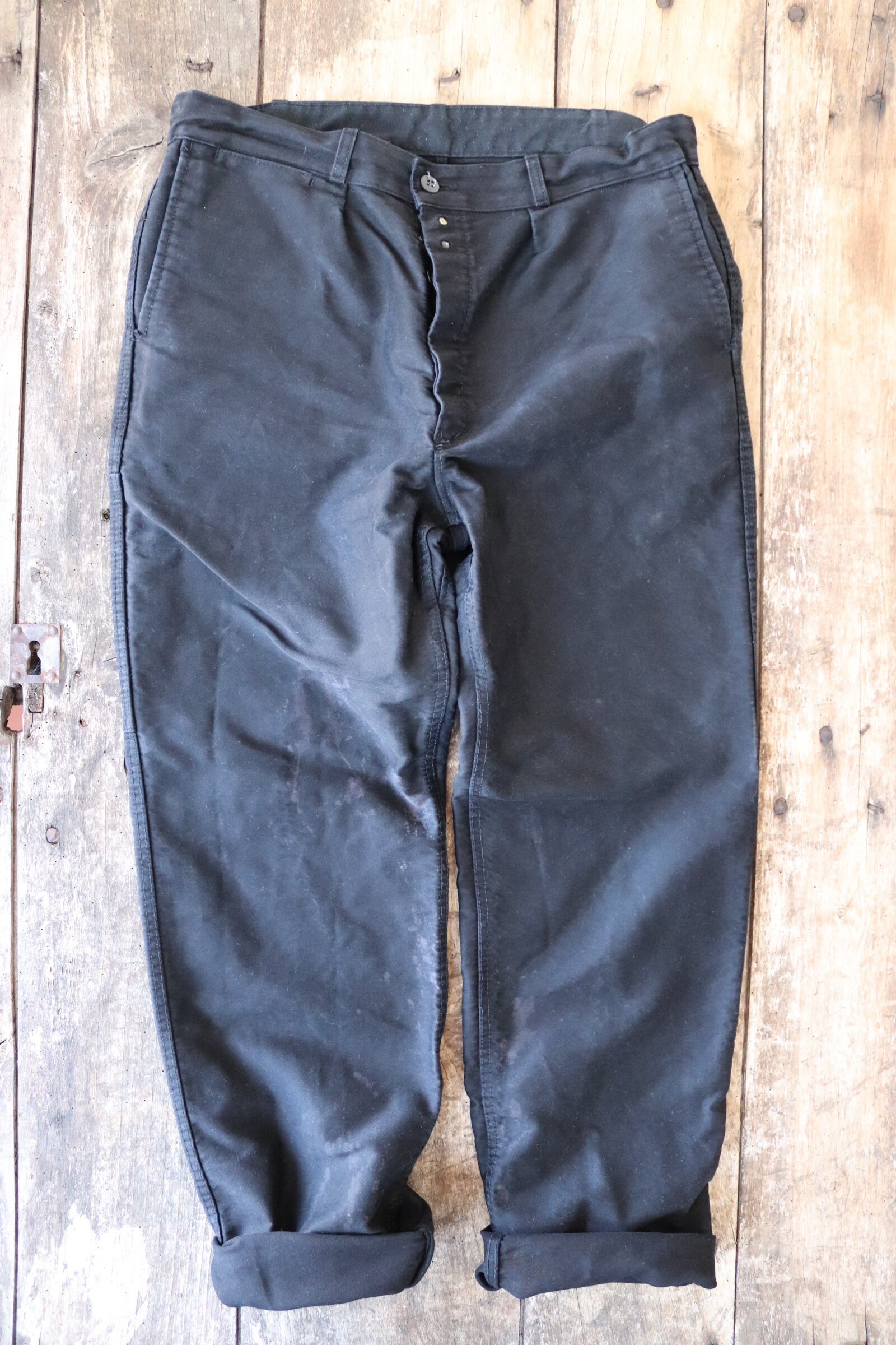 Vintage french black moleskin chore work trousers pants button fly 34 x