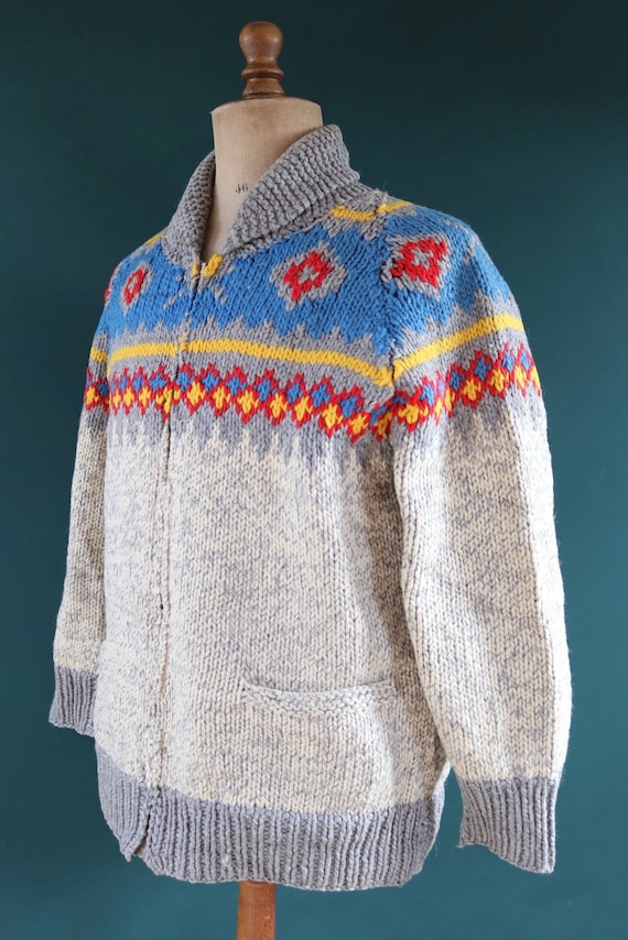 Vintage 1960s 60s hand knitted grey blue red marl thick wool cowichan sweater cardigan jumper knit zipper shawl collar 45” chest