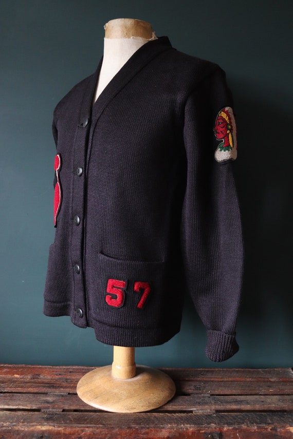 Vintage 1950s 50s American USA black wool knitted varsity Ivy League style rockabilly mod patch jumper sweater cardigan knitwear 38” chest