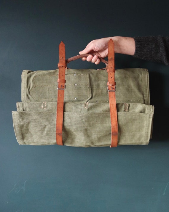 Vintage 1960s 60s leather khaki green cotton canvas European Swiss military army tool roll bag satchel utility field equipment