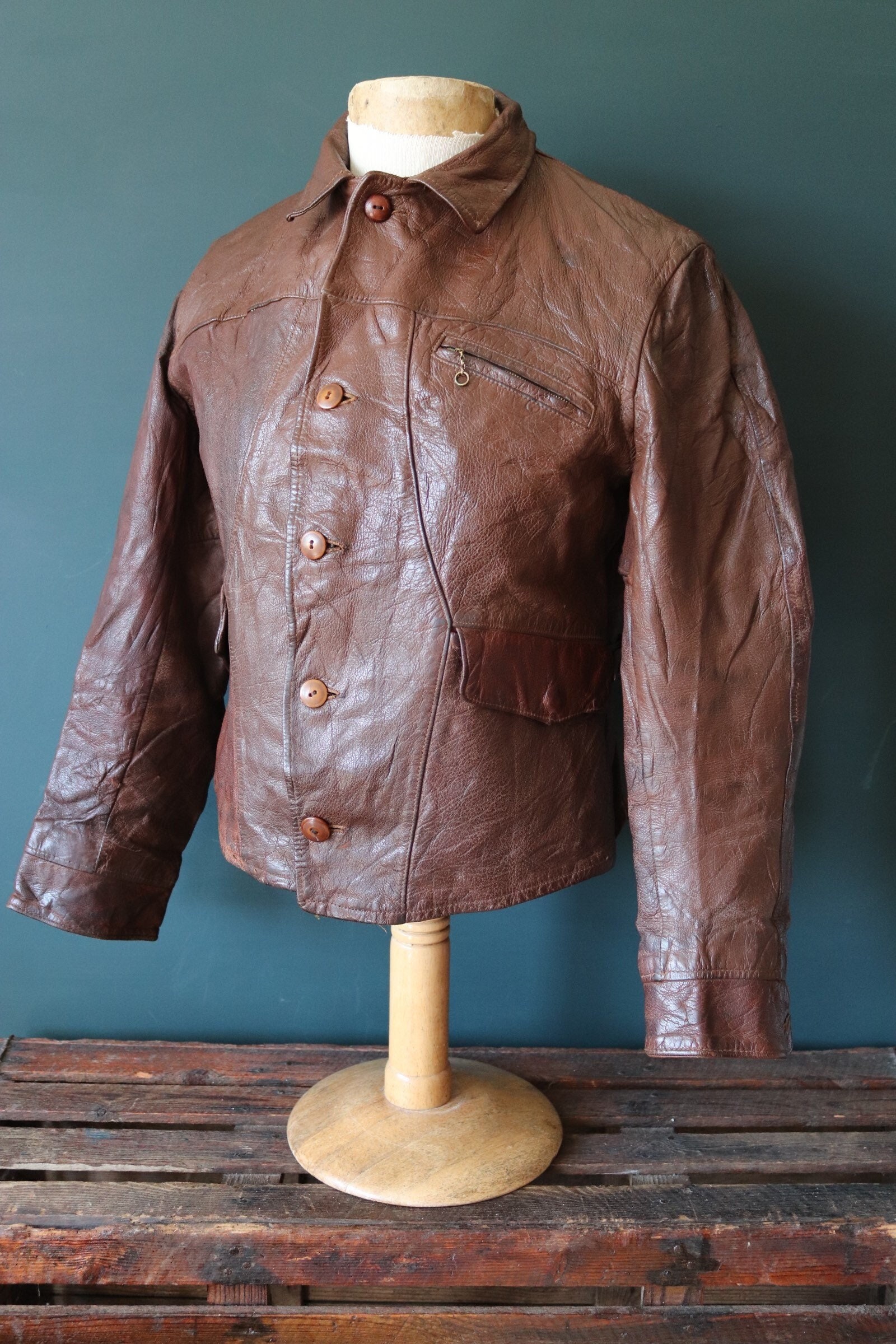 Vintage 1930s 30s 1940s 40s brown goatskin leather sports jacket