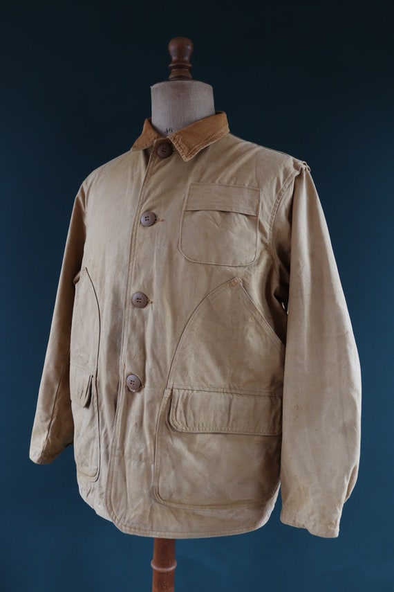 Vintage 1950s 50s JC Higgins tan brown duck cotton canvas jacket hunting shooting American Talon zipper 50” chest workwear chore work