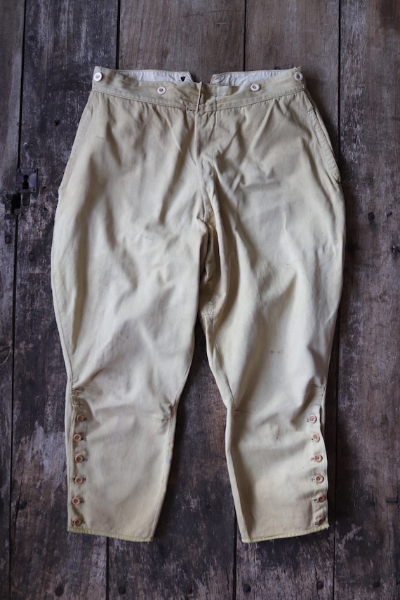 Vintage 1930s 30s 1940s 40s French acid mustard yellow cotton hunting riding breeches jodhpurs 32” x 24” workwear work chore buckle back