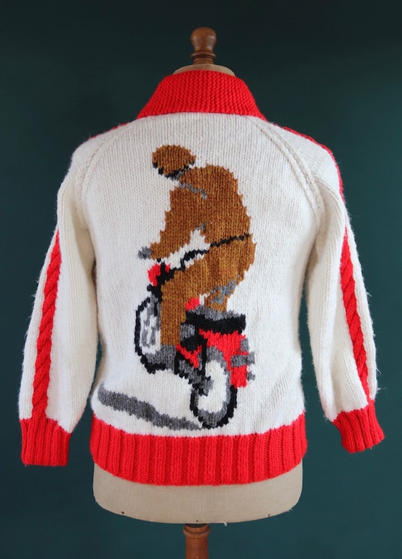 Vintage 1970s 70s hand knitted novelty motorbike thick acrylic cowichan sweater cardigan jumper knit Talon zipper shawl collar 38” chest