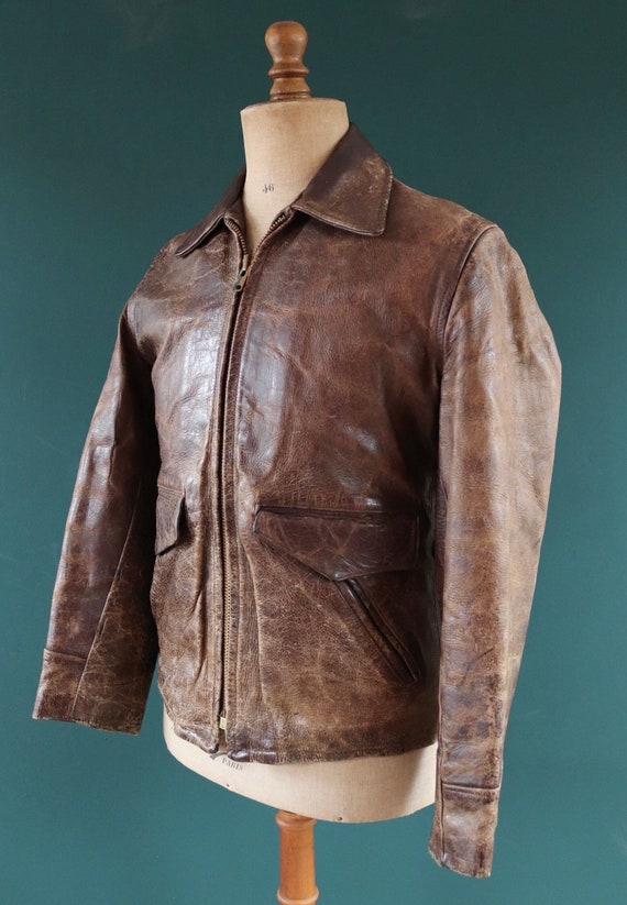 Vintage 1940s 40s 1950s 50s Montgomery Ward Windward brown steerhide leather half belt jacket Conmar 40” chest car coat