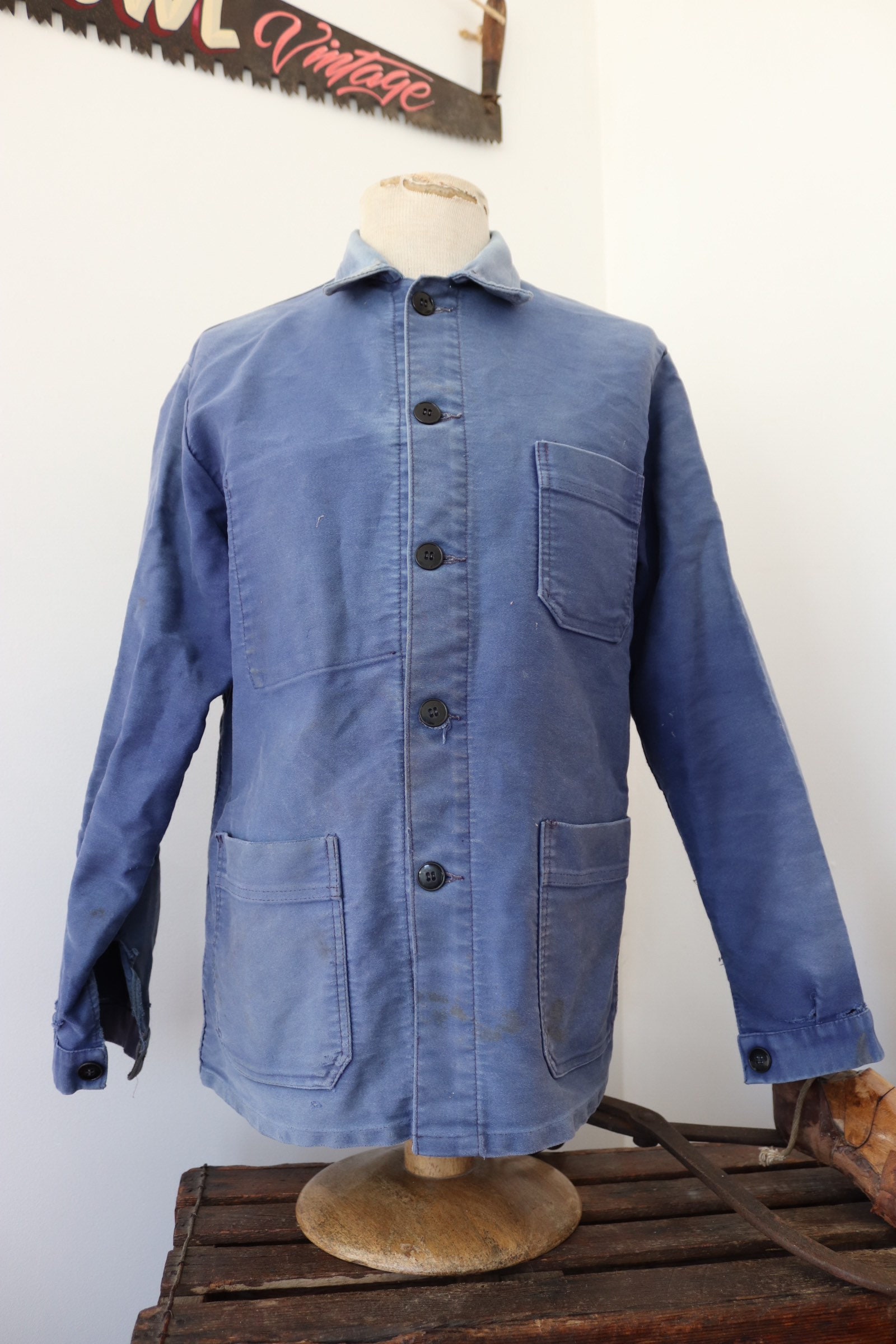 Vintage 1960s 60s french bleu de travail blue moleskin chore work