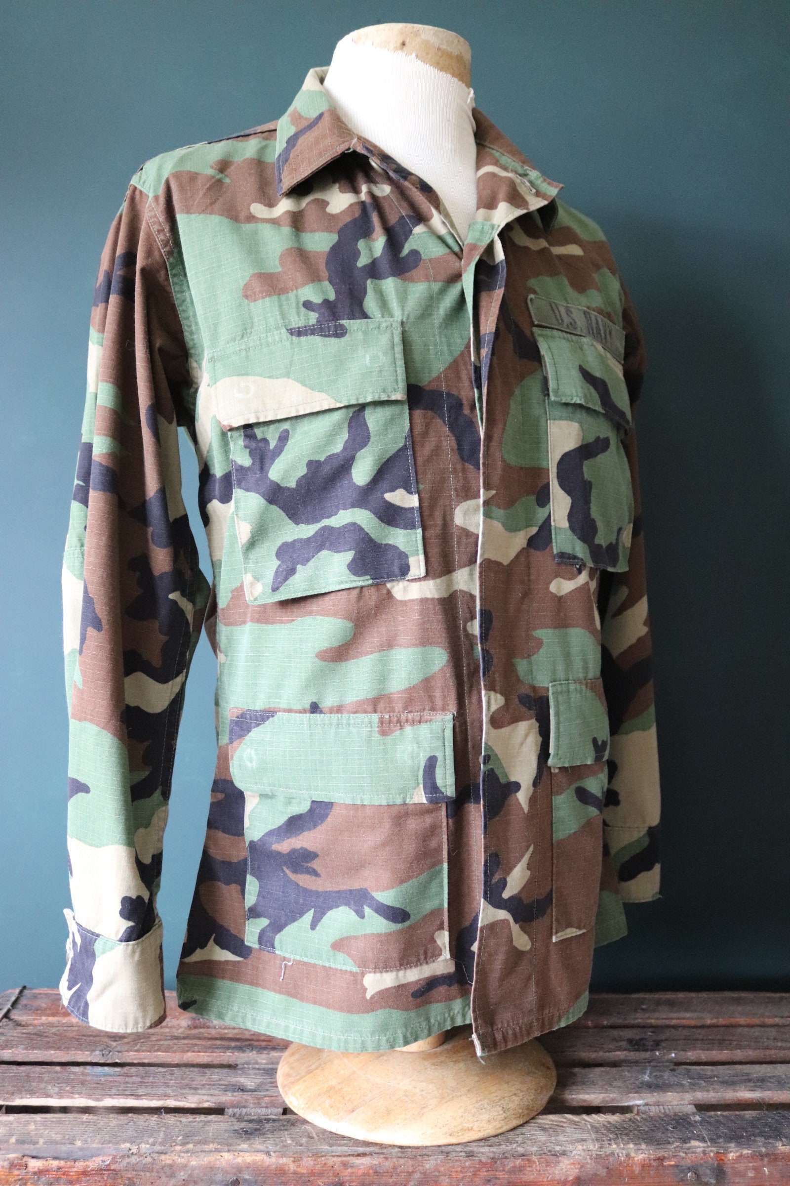 Vintage 1990s 90s US Navy USN camo camouflage woodland field shirt ...