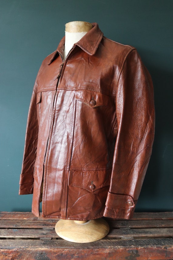 Vintage 1950s 50s brown horsehide leather car coat jacket Talon sports 44” chest half belt