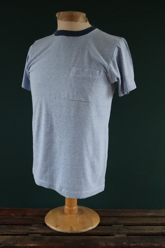 Vintage 1970s 70s 1980s 80s 50/50 blue heather marl pocket ringer t shirt 38” chest