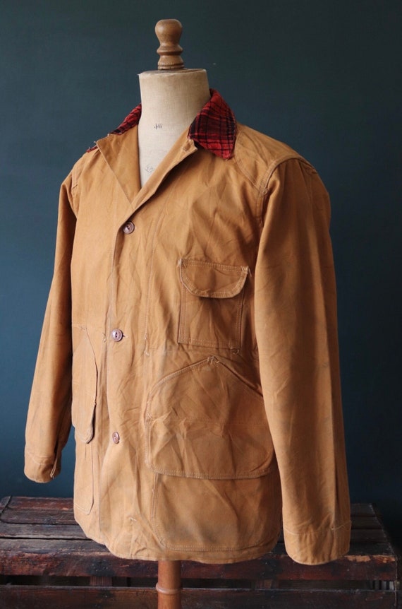 Vintage 1940s 40s Bullseye Bill tan brown duck cotton canvas jacket hunting shooting American Talon zipper 46” chest workwear chore work