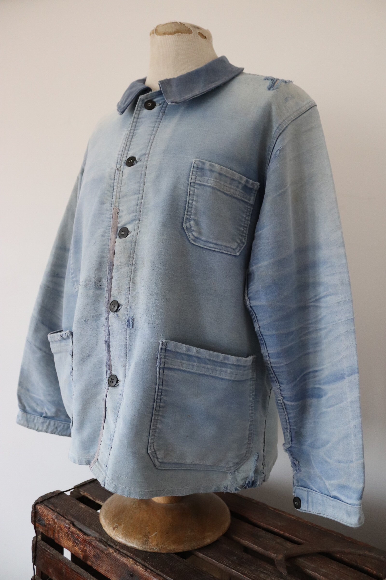 Vintage 1950s 50s french blue bleu de travail moleskin jacket work ...