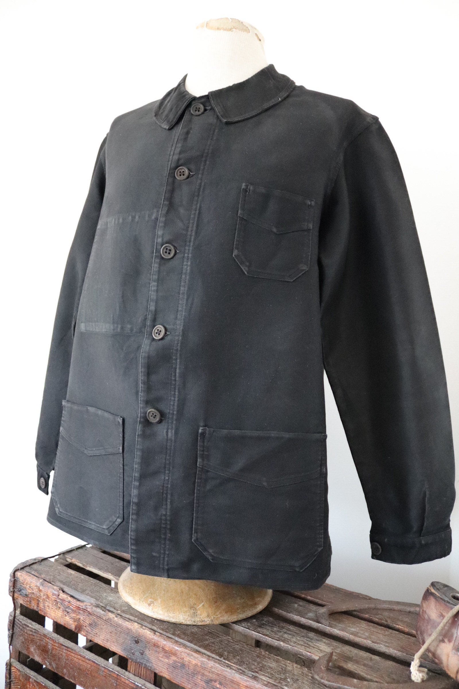 Vintage 1960s 60s french JG black moleskin chore work jacket workwear