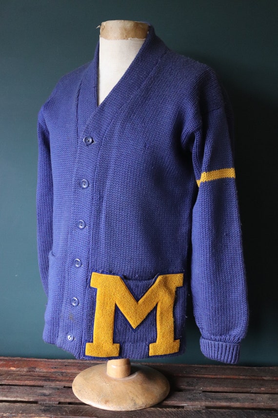 Vintage 1960s 60s American USA blue wool knitted varsity Ivy League style rockabilly mod patch jumper sweater cardigan knitwear 42” chest