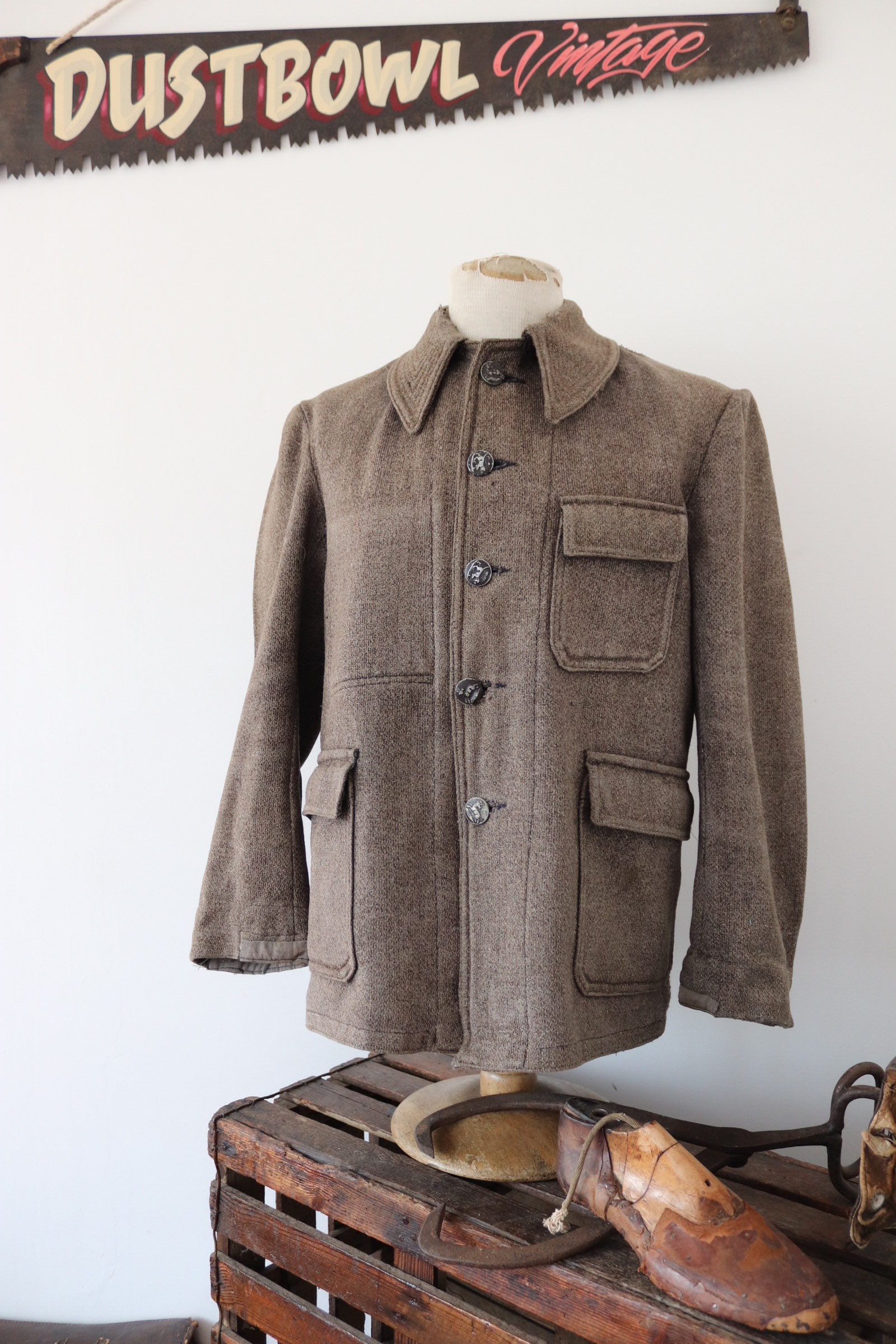 Vintage 1940s 40s french brown grey wool hunting jacket 44 chest ...