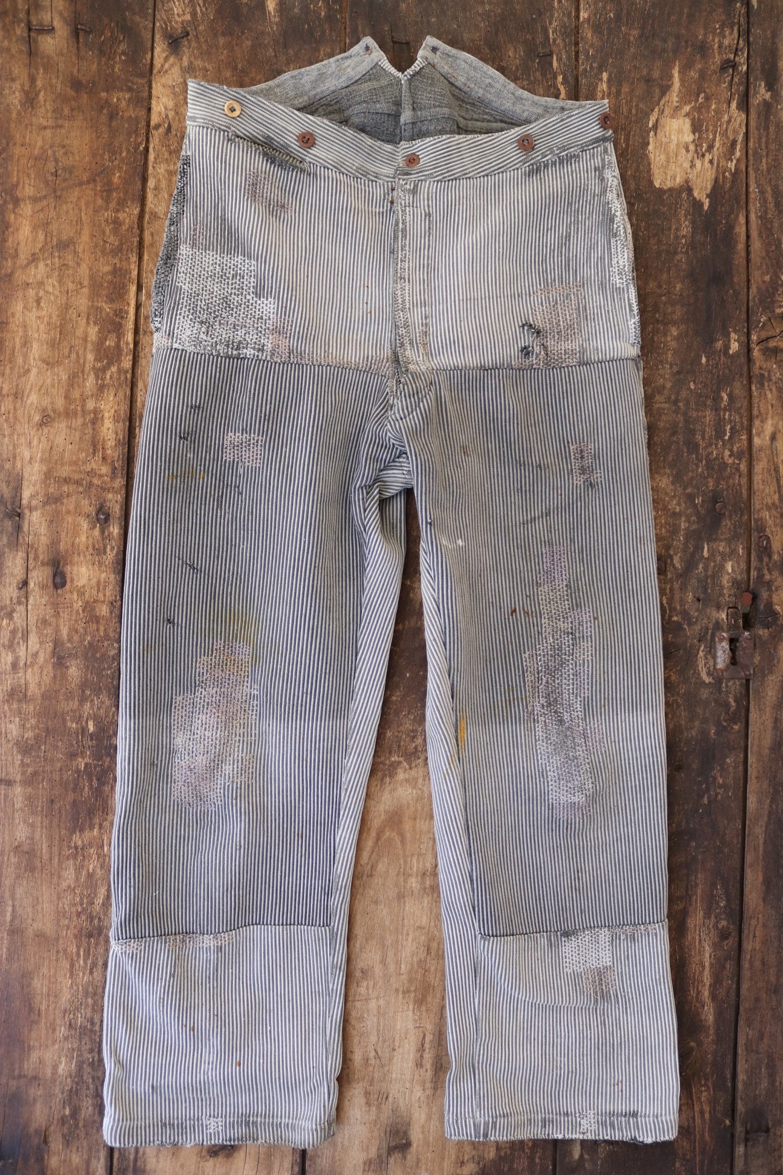 Vintage french grey pique v notch buckle back darned repaired chore