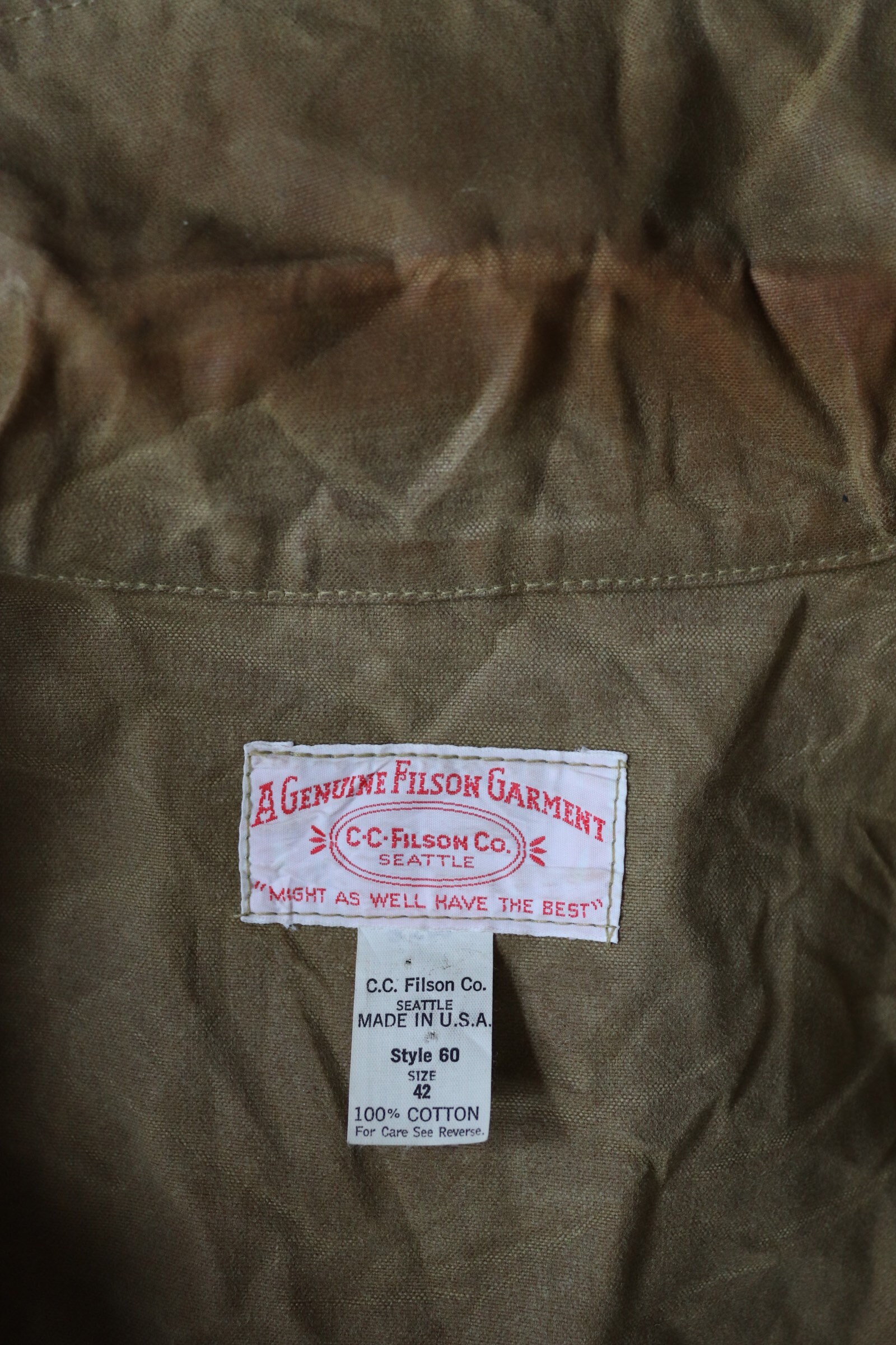 Vintage tan brown CC Filson tin cloth cruiser hunting jacket paraffin ...