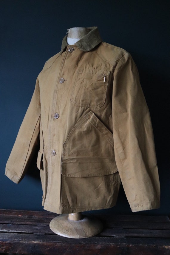 Vintage 1970s 70s 1980s 80s LL Bean tin cloth duck cotton canvas hunting shooting jacket 46” chest American workwear work chore
